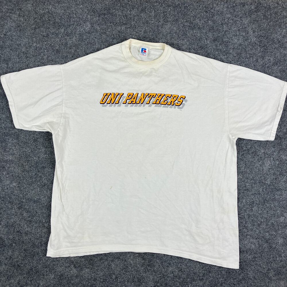 Russell Athletic T-Shirt Mens XL White UNI Panthers Graphic Camp Doha Spiritual